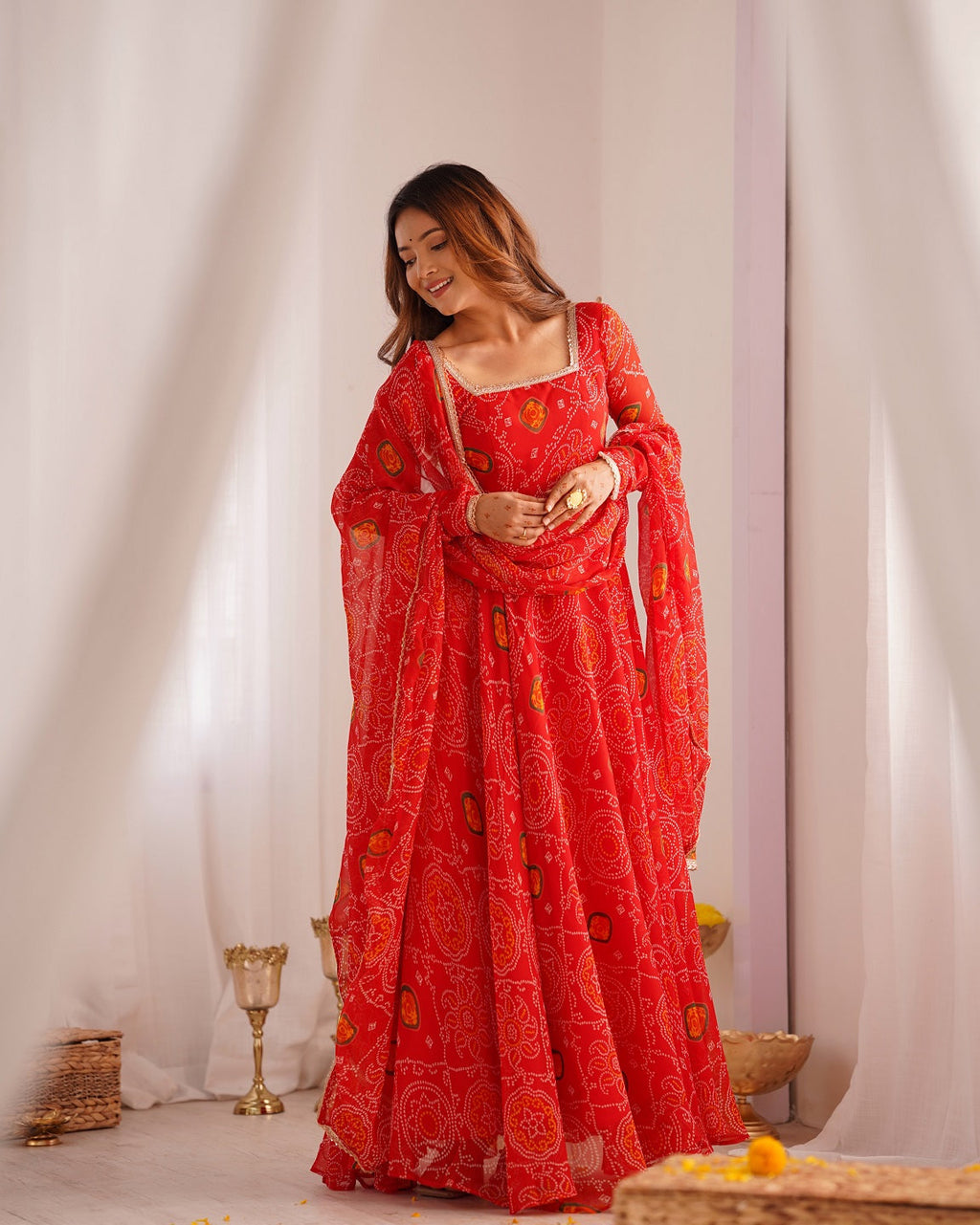 Evanik Red Pure Lightweight Chiffon Bandhej Design Anarkali Pant With Dupatta