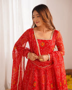 Evanik Red Pure Lightweight Chiffon Bandhej Design Anarkali Pant With Dupatta