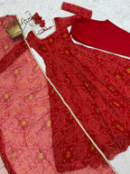 Evanik Red Pure Lightweight Chiffon Bandhej Design Anarkali Pant With Dupatta