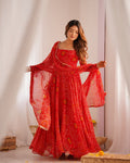 Evanik Red Pure Lightweight Chiffon Bandhej Design Anarkali Pant With Dupatta