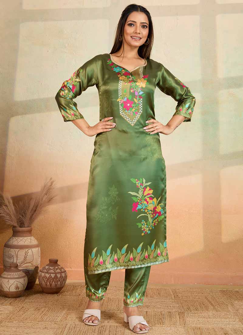 Prazu Fashion Mahendi Green Printed Cotton Reyon Kurta Pant Set - Distacart