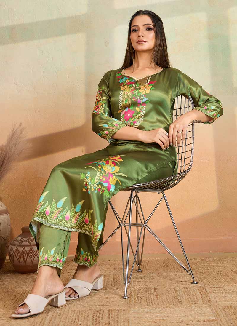 Prazu Fashion Mahendi Green Printed Cotton Reyon Kurta Pant Set - Distacart