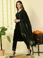 Myshka Women's Black Velvet Kurta & Trousers With Dupatta Party Sets