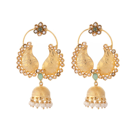 Nuyug 22K Gold Plated Pearls Studded Contemporary Shaped Mini Jhumki Drop Dangler Earrings