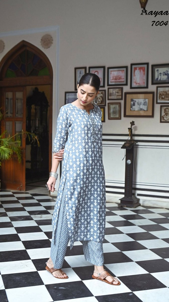 Aayaa Pure Muslin printed Kurti & Pant - Grey sky