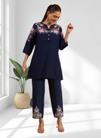 Joban Fashion Navy Blue Cotton, Linen Embroidered Readymade Cord Set - Distacart