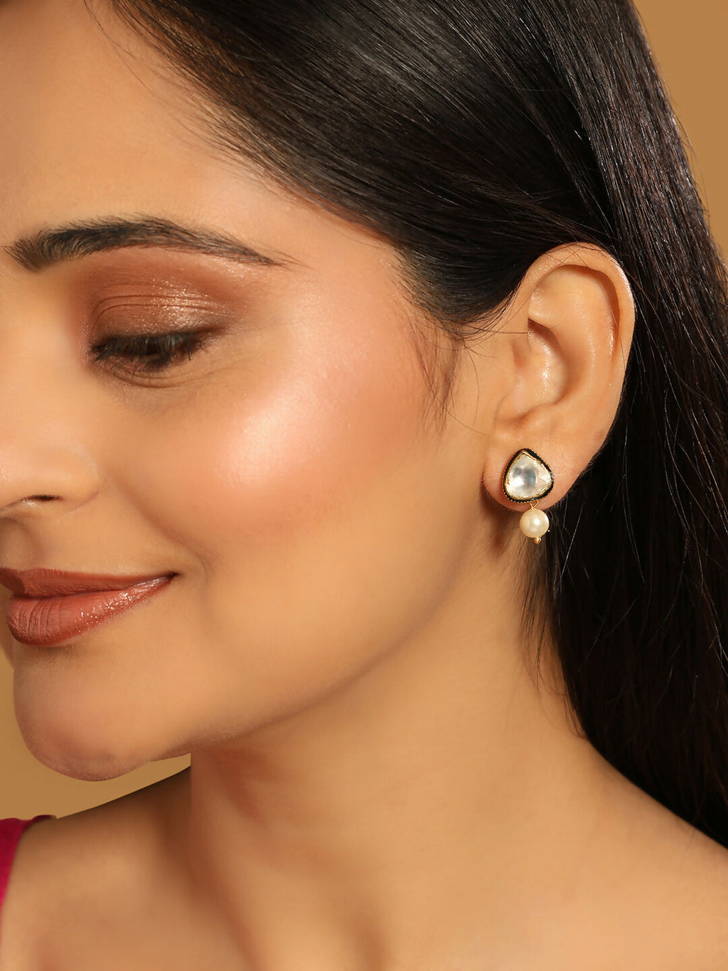 Nuyug 22K Gold Plated Kundan Stone Ethnic Mini Pearl Drop Studs - Distacart