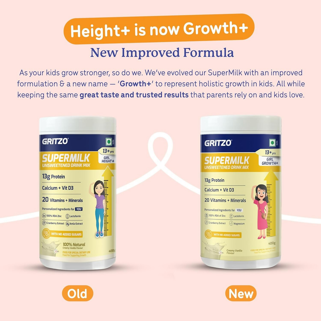 Gritzo SuperMilk Growth+ (Formerly Height+) Unsweetened Drink Mix (13+y Girls), 13g Protein Powder - Creamy Vanilla