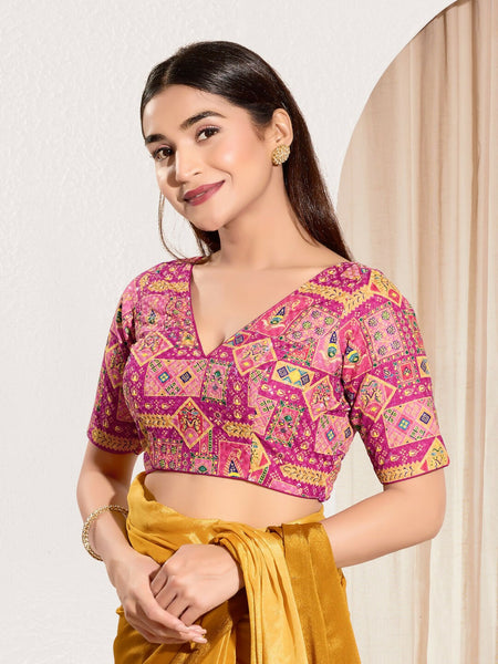 Joban Fashion Pink Viscose Rayon Padded Blouse With V Neck Elbow Sleeves