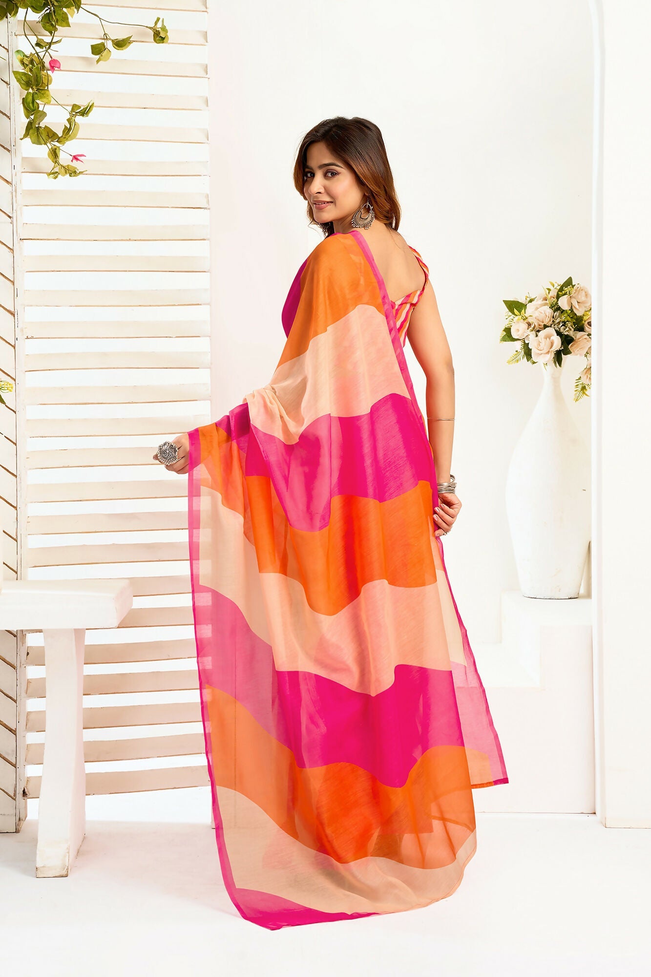 Vastranavya Multicolor Digital Printed Linen Ready To Wear Designer Saree with Unstitched Blouse - Distacart