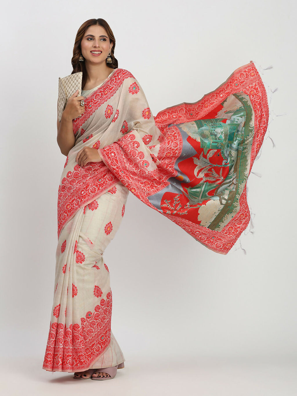 Shree Shyam Fashion Linen Cotton Cream & Red Saree - Distacart
