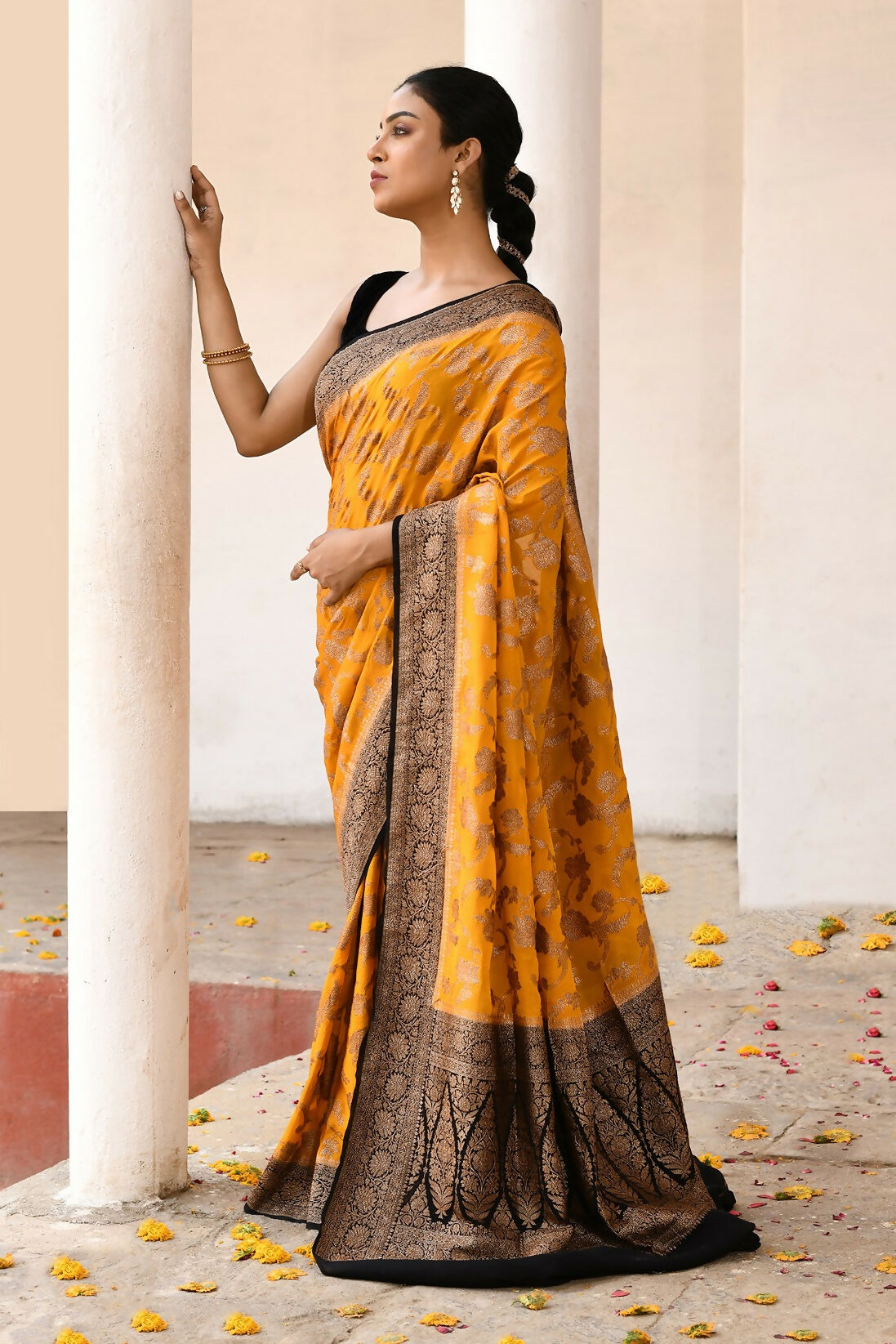 Joban Fashion Yellow Crepe Chiffon Pure Handloom Banarasi Silk Saree