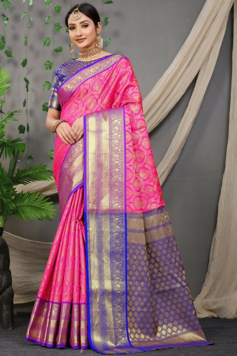 Jyoti Fashion Women's Pink Kanjivaram Silk Zari Woven Saree with Blouse