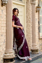 Vastranavya Wine Embroidery Work Shimmer Chiffon Saree with Unstitched Blouse - Distacart