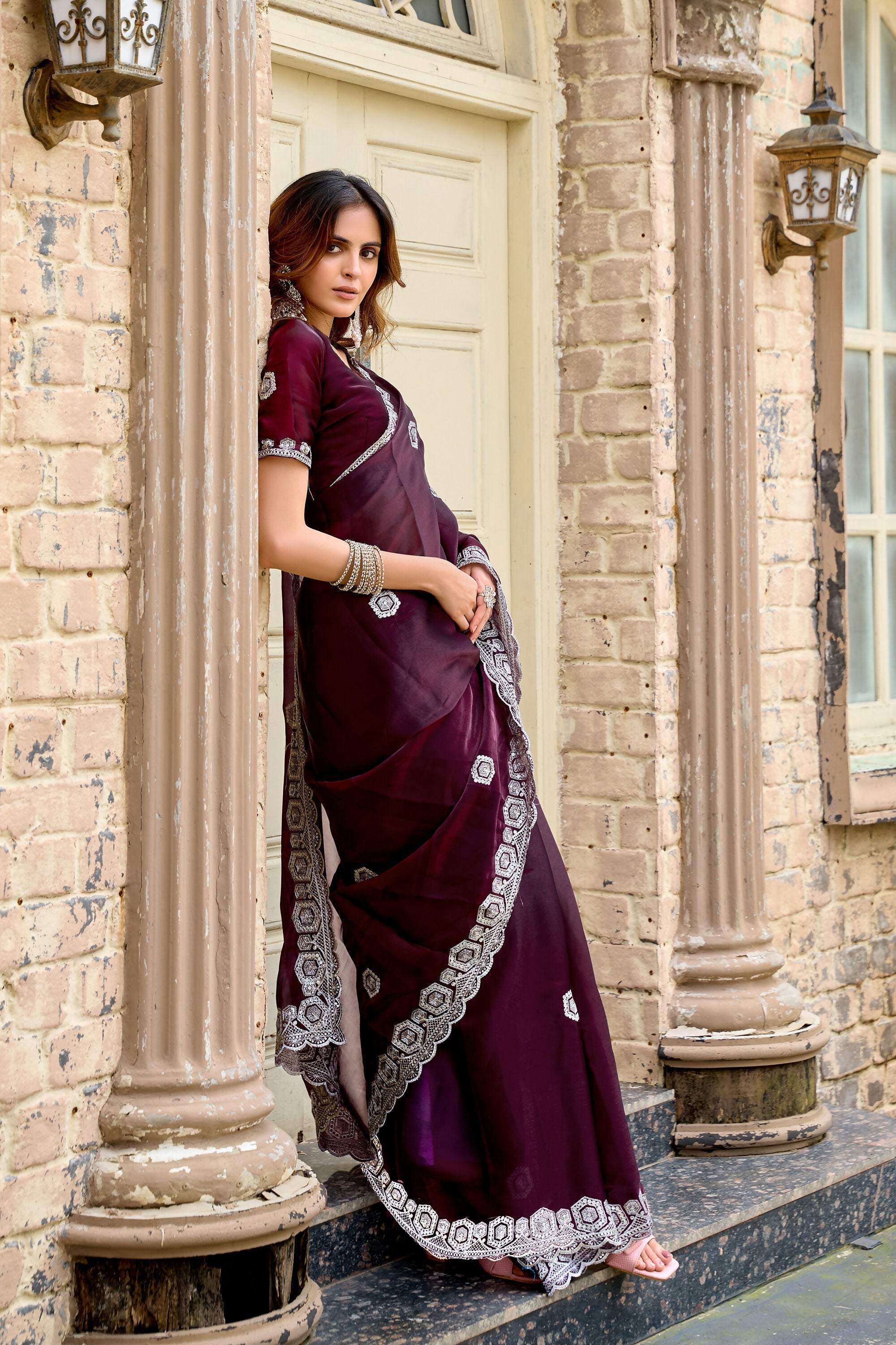 Vastranavya Wine Embroidery Work Shimmer Chiffon Saree with Unstitched Blouse - Distacart