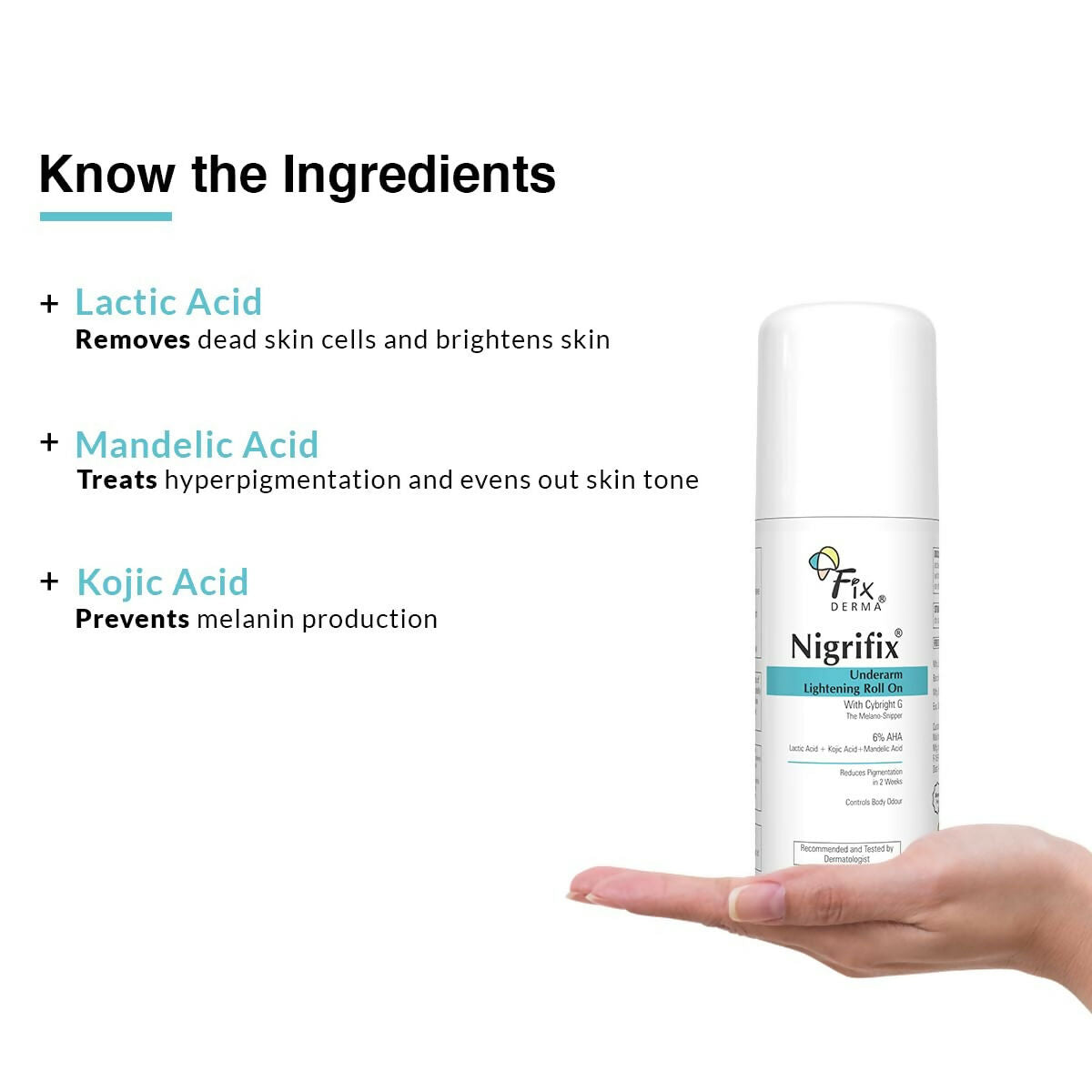 Fixderma Nigrifix Underarm Lightening Roll on with 6% AHA, Lactic Acid & 1% Mandelic Acid, Brightens Skin & Exfoliates Underarm - Distacart
