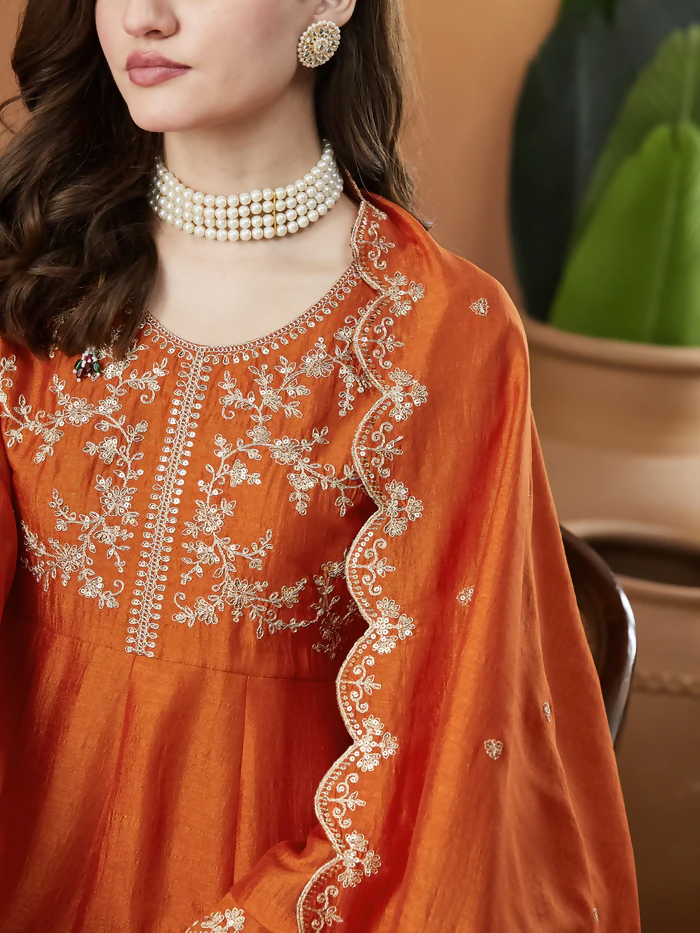 The52 Orange Women's Beautiful Vichitra Silk Fabric Embroidered Work Flared Anarkali Pant and Dupatta Set - Distacart