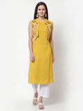 Myshka Women's Rayon Printed 3/4 Sleeve Round Neck Casual Yellow Dress