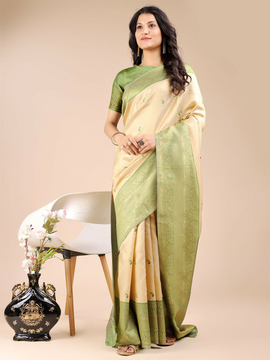 Shree Shyam Fashion Aura Silk Cream Light Green Banarasi Silk Saree