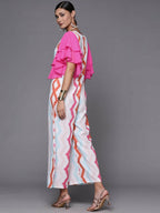 Ahalyaa White & Pink Zig Zag Striped Basic Jumpsuit - Distacart