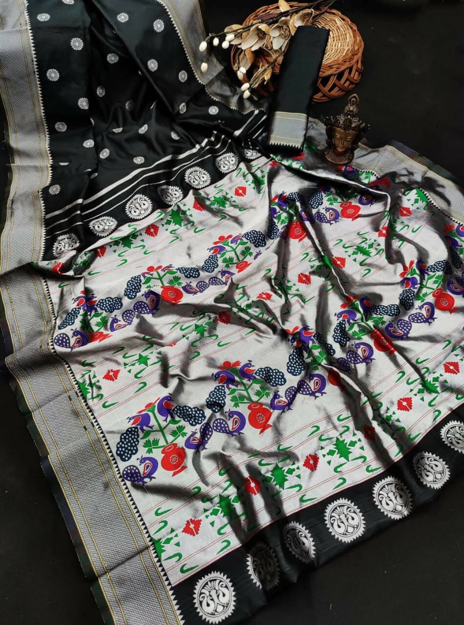 DEIANA'S Beautiful Designer Golden zari Soft Lichi Silk Saree - Black