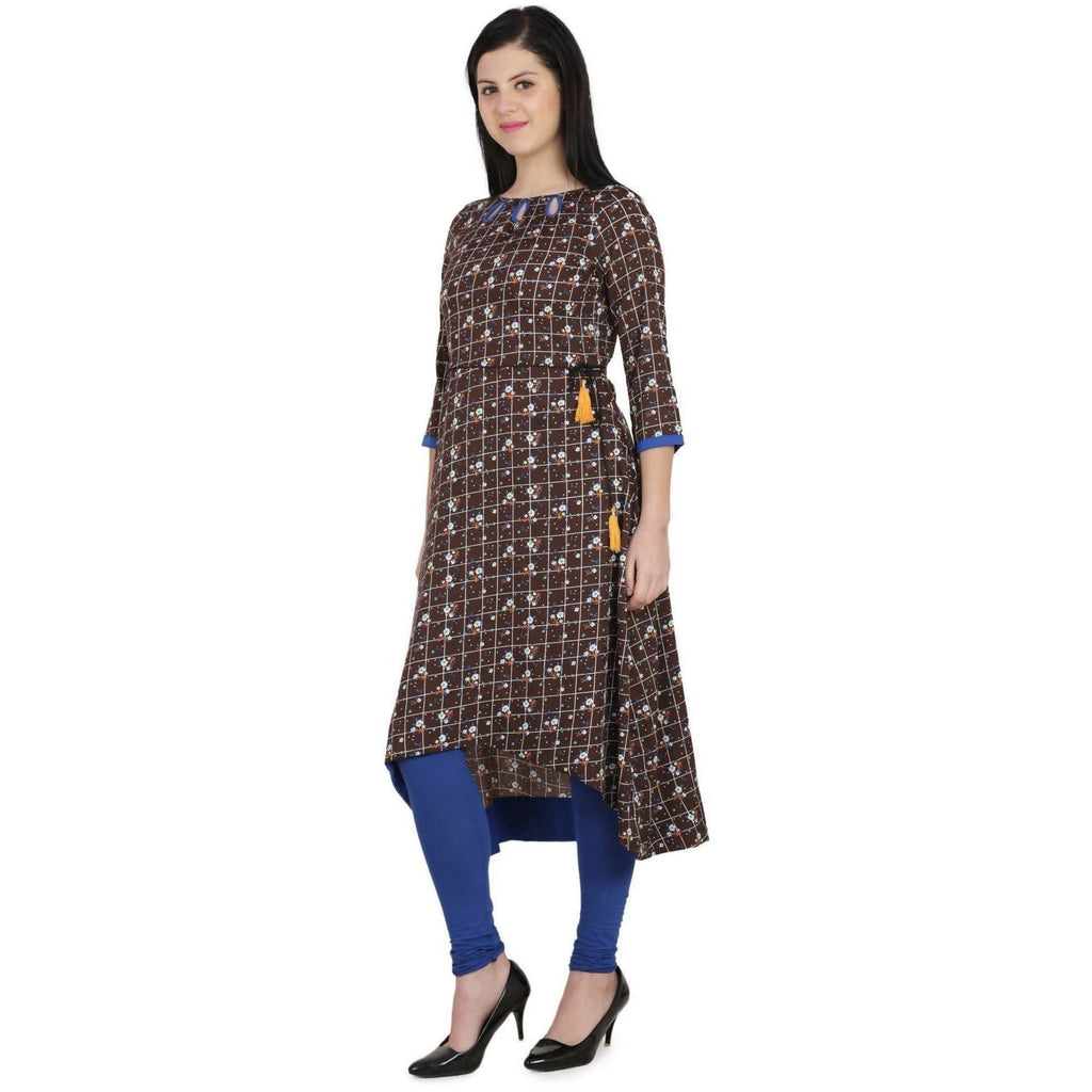 Kanoor Garments Women's Brown High Low Round Neck Kurti