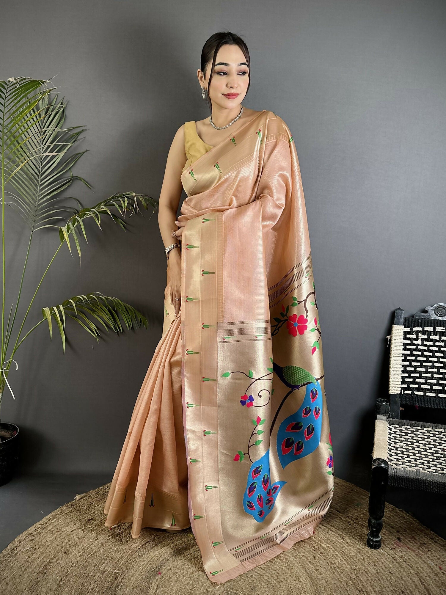 Joban Fashion Peach Peacock & Floral Motifs Tissue Paithani Saree - Distacart