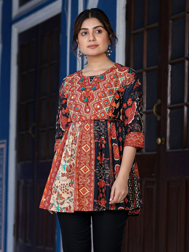 Juniper Women's Multi Colored Ethnic Motif Printed Cotton Peplum Tunic