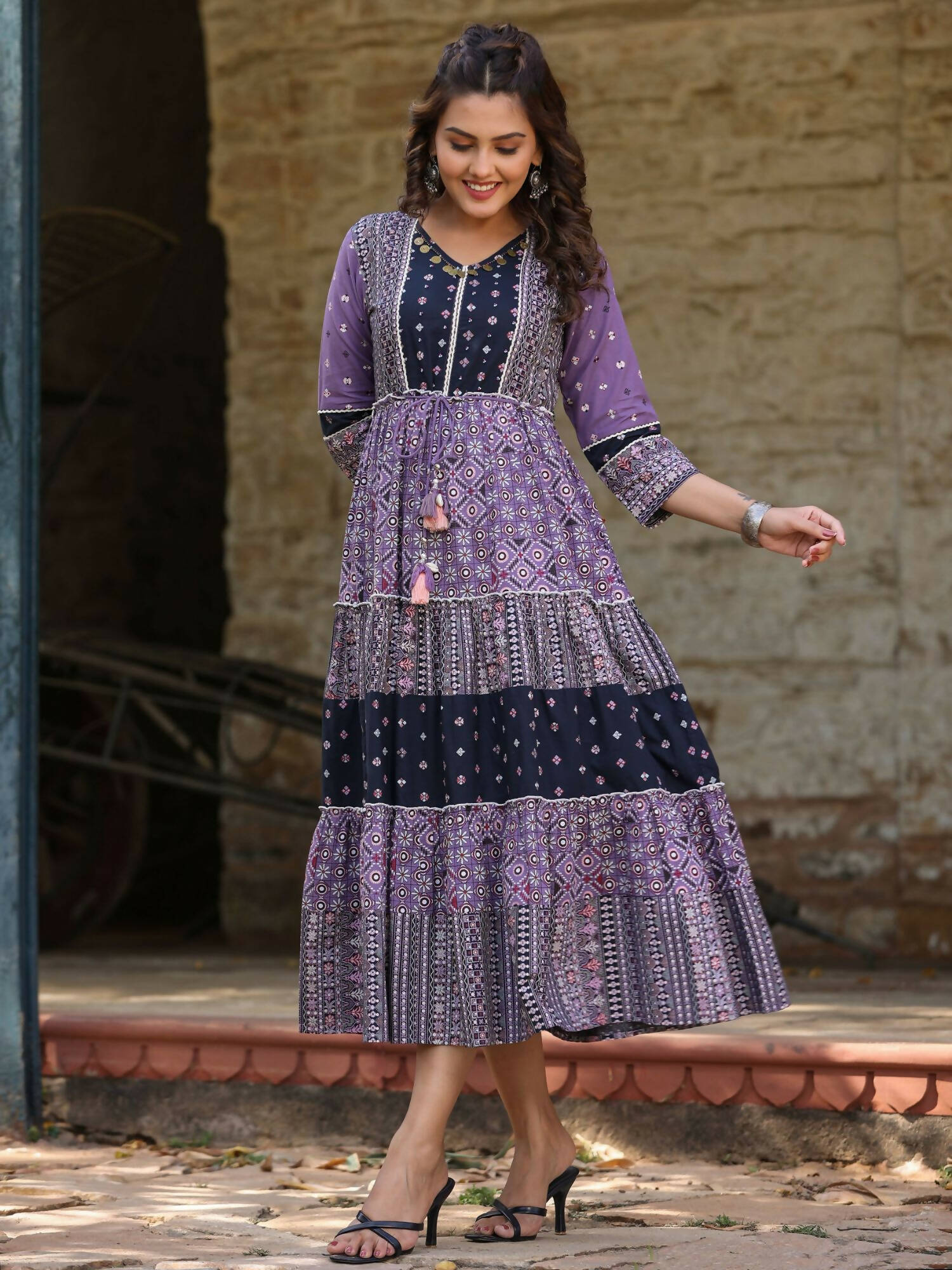 Juniper Women's Lavender Printed Tiered Dress - Distacart