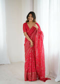 PR Fashion Red Georgette Patta Plain With Foil Work And Small Lace And Zalar Lace Saree