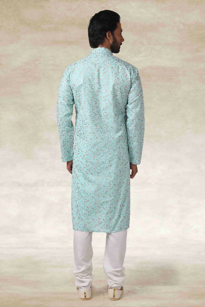 Raivat Ethnic Cotton Printed Work Kurta Pajama In Sea Green Colour