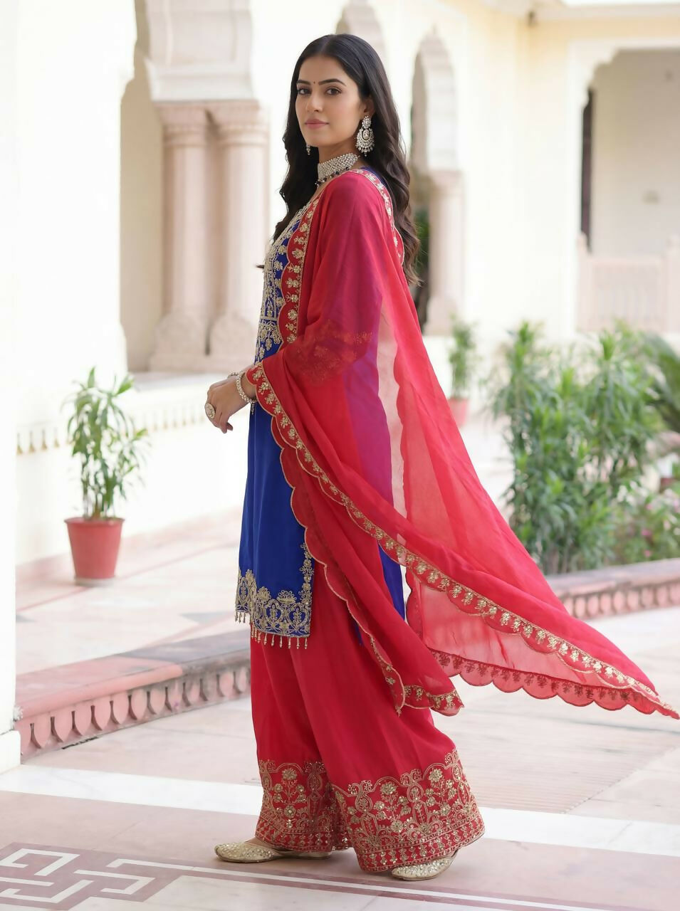 Joban Fashion Blue Silk Embroidered Sharara Set - Distacart