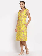 Myshka Women's Yellow Cotton Printed Sleeveless V Neck Casual Dress