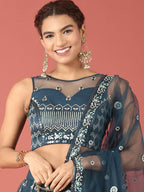 House of Panchhi Navy Blue Net Sequinse Work Lehenga & Blouse, Dupatta