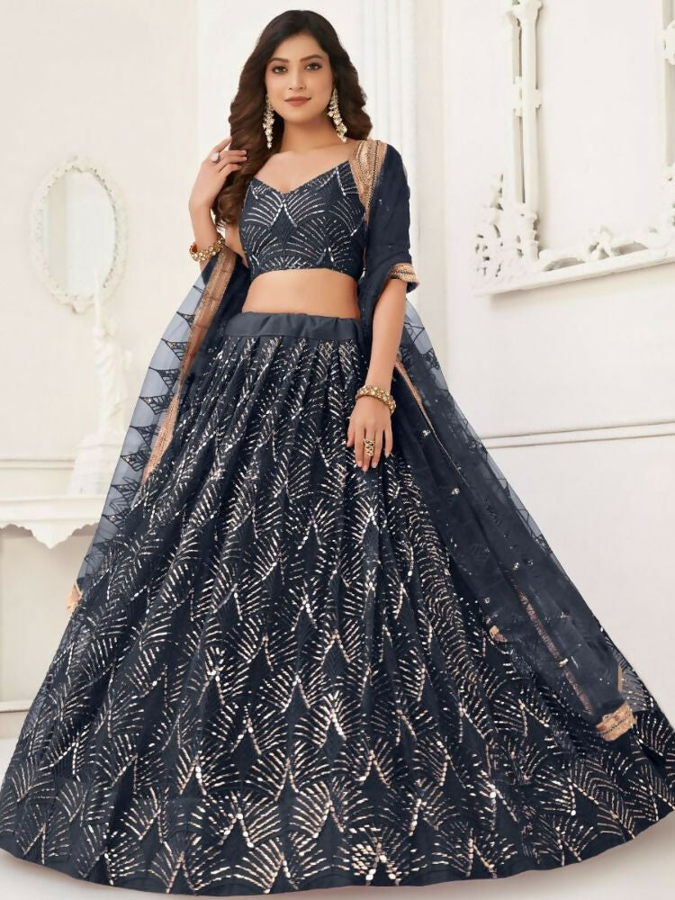 Black Butterfly Soft Net Embroidery With Real Mirror Work Lehenga Choli - Jihu Culture