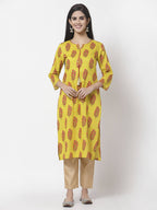 Myshka Women Yellow Pure Cotton Printed 3/4 Sleeve Round Neck Kurta