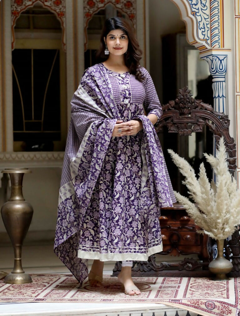Miravan Women's Flower Printed Blue Anarkali Kurta With Beautiful Border And Dupatta