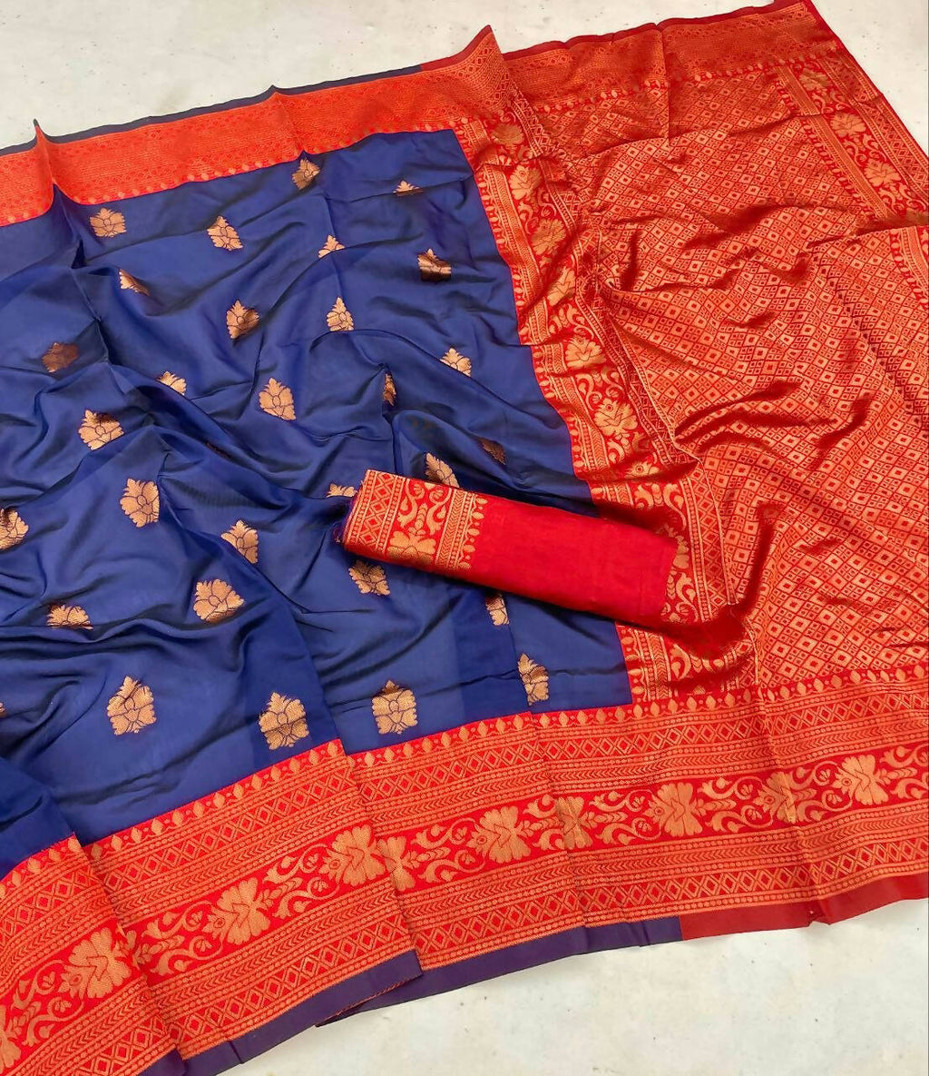 DEIANA'S Beautiful Designer Golden zari Soft Lichi Silk Saree - Blue