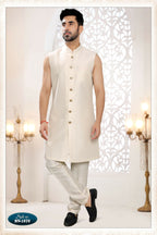 Joban Fashion Men's Cream Straight Malai Silk Thread And Sequence Embroidery All Over 3 Pc Kurta Set