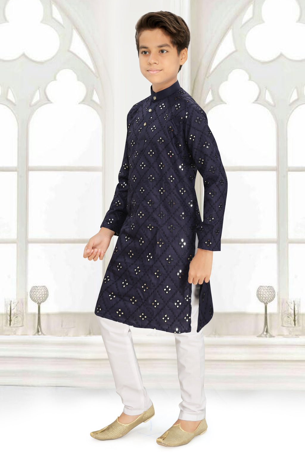 Neera Trendz Blue Cotton Blend Mirror Work Kid's Kurta With Pyjama