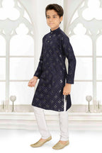 Neera Trendz Blue Cotton Blend Mirror Work Kid's Kurta With Pyjama