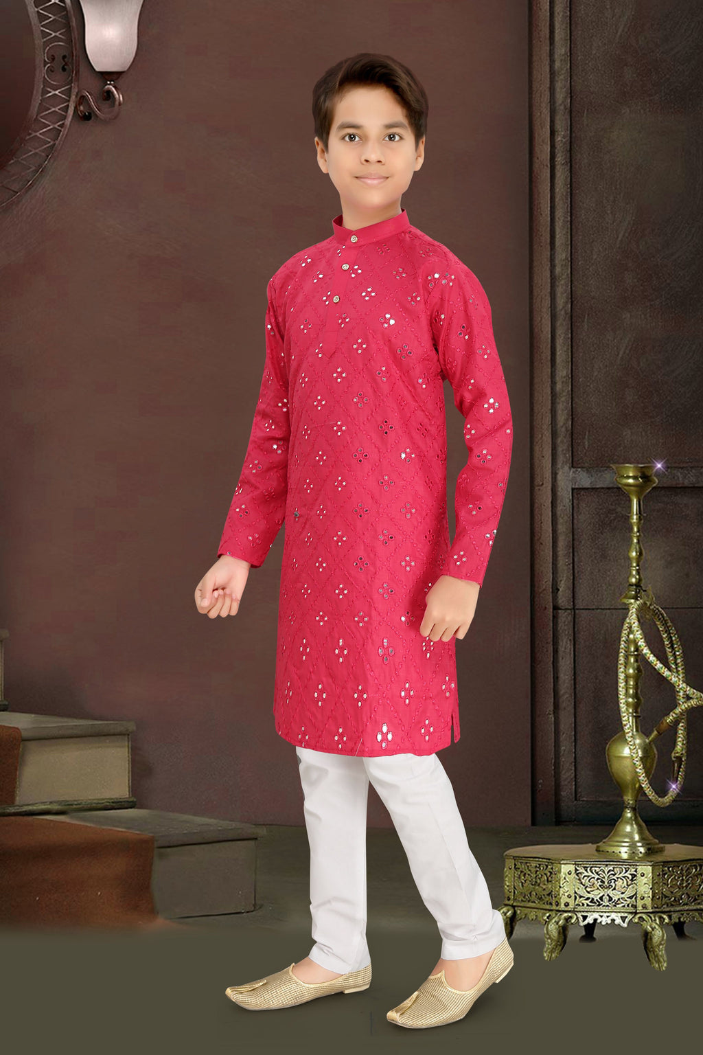 Neera Trendz Pink Cotton Blend Mirror Work Kid's Kurta With Pyjama