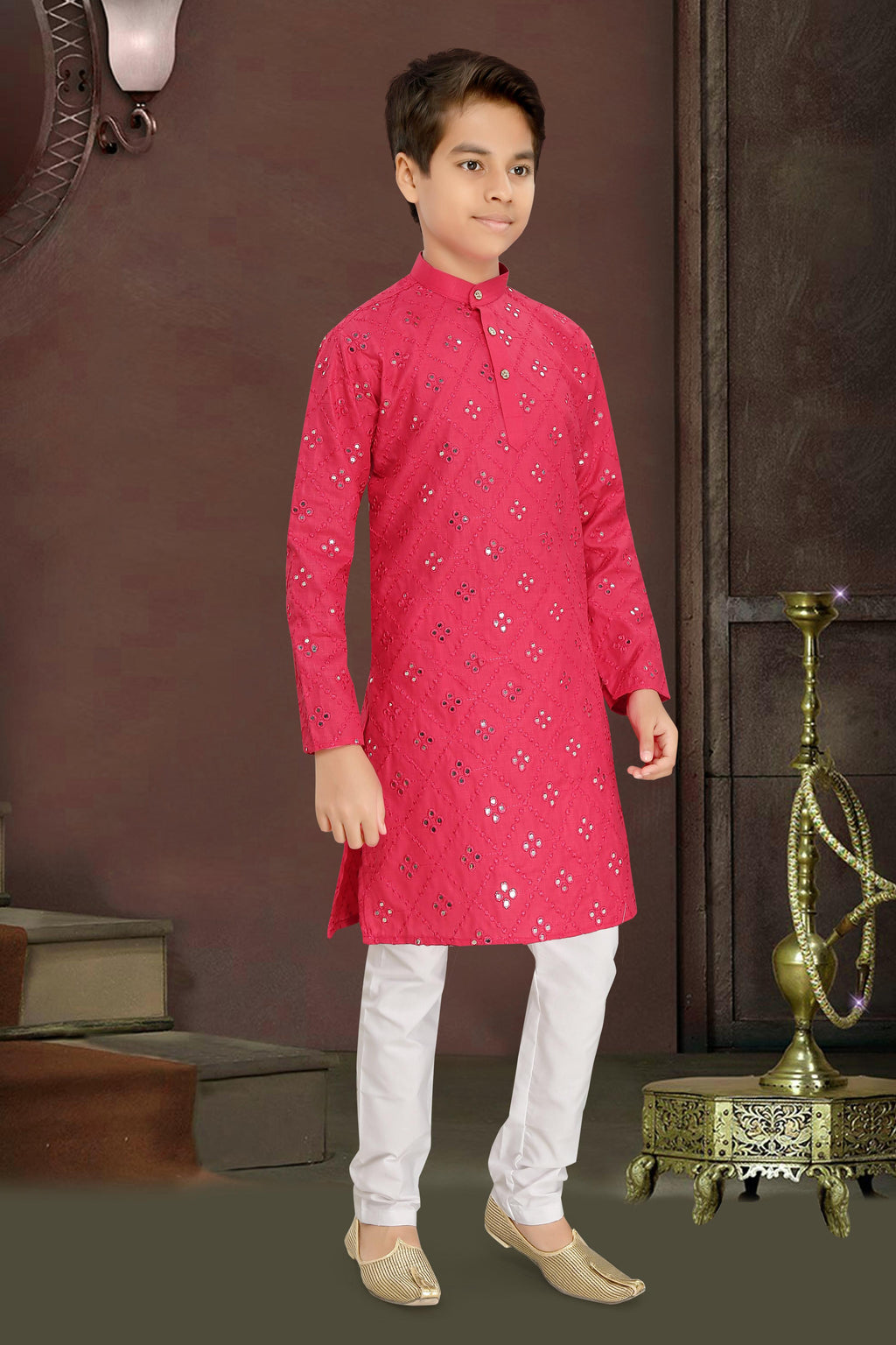 Neera Trendz Pink Cotton Blend Mirror Work Kid's Kurta With Pyjama