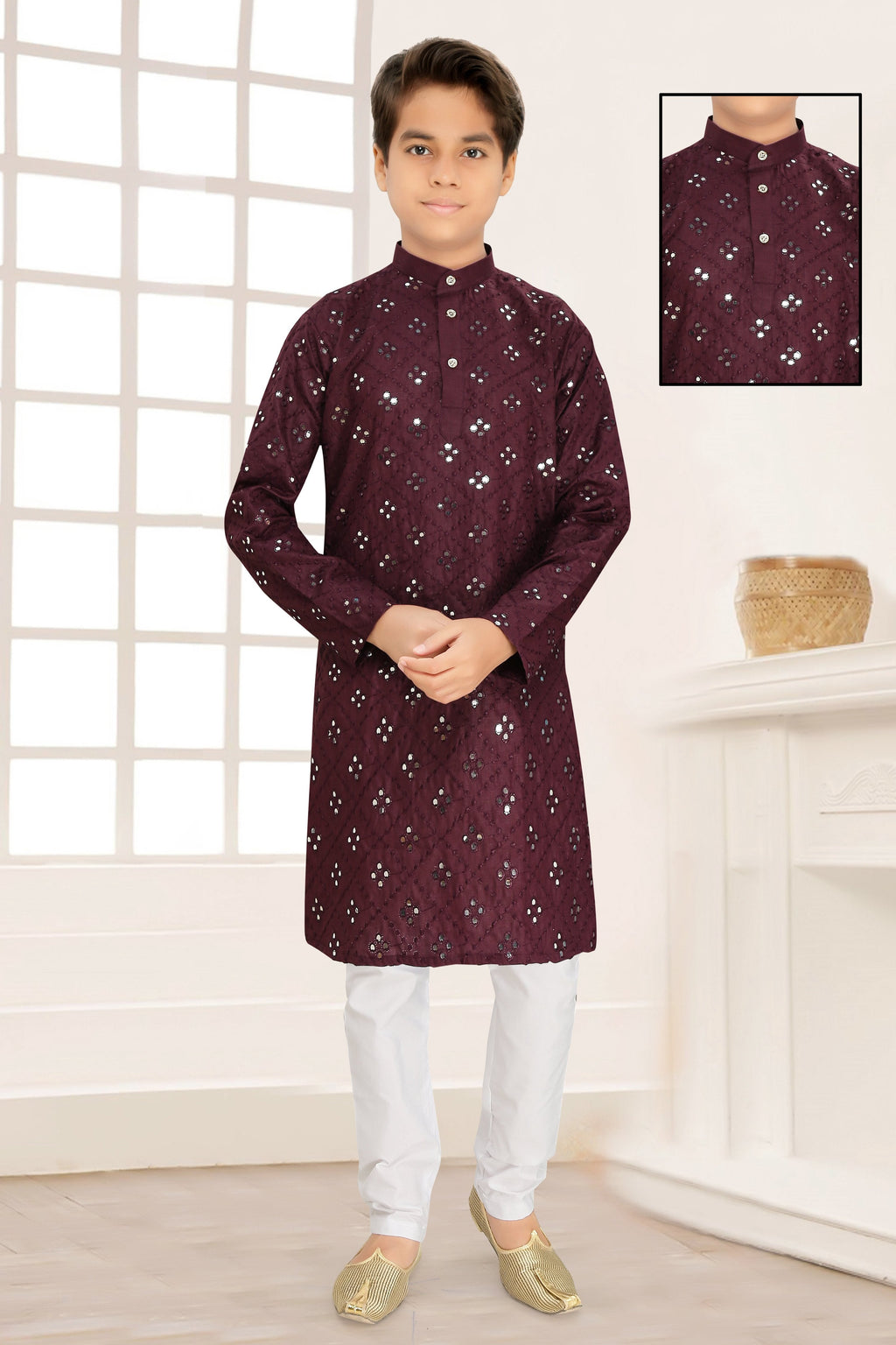 Neera Trendz Wine Cotton Blend Mirror Work Kid's Kurta With Pyjama