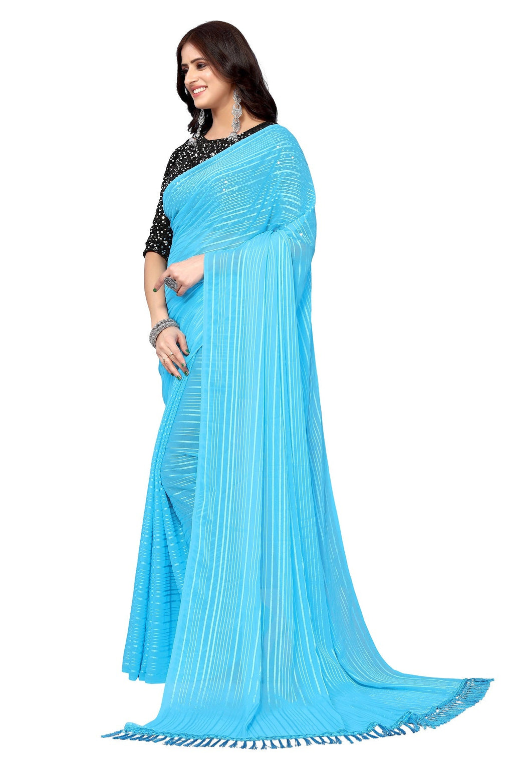 Vamika Georgette Sequence Work Firozi Bollywood Style Saree - Distacart