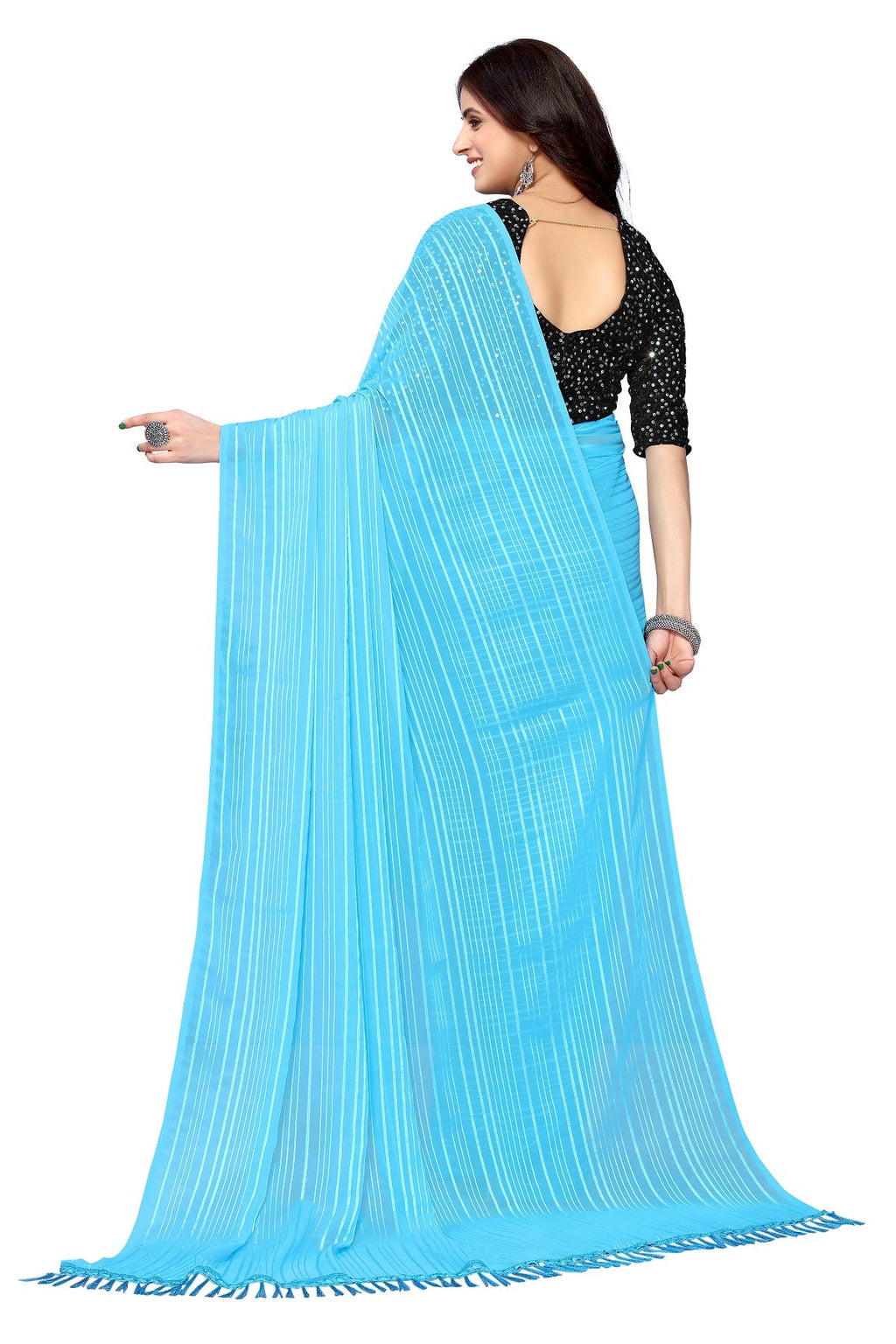 Vamika Georgette Sequence Work Firozi Bollywood Style Saree - Distacart