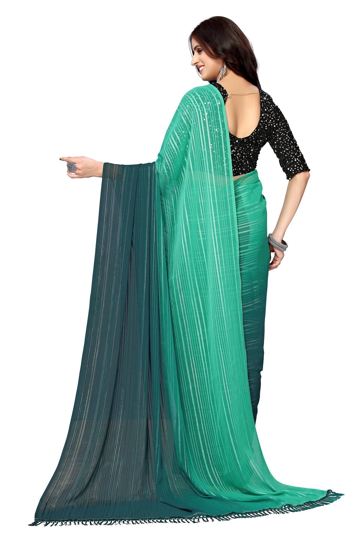 Vamika Georgette Sequence Work Green & Dark Green Bollywood Style Saree - Distacart