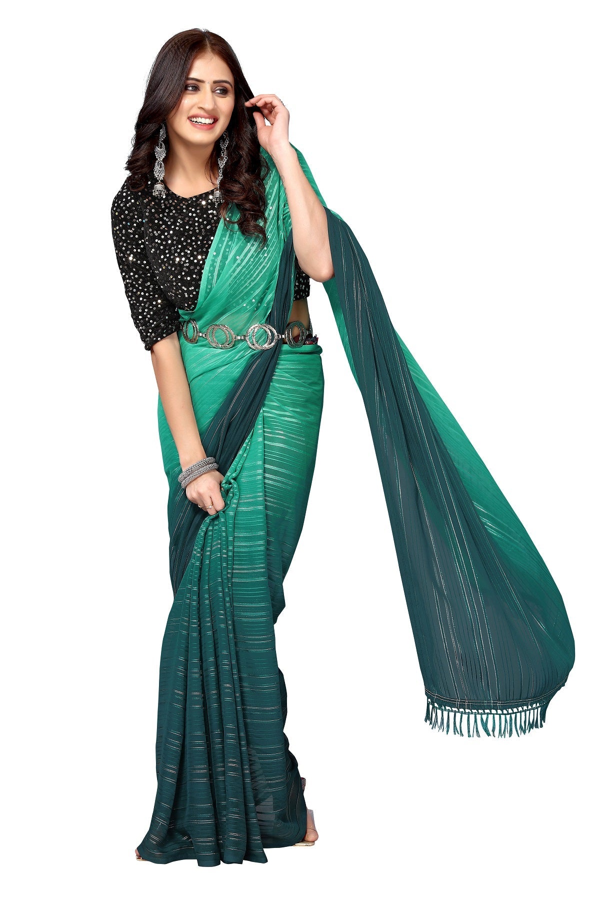 Vamika Georgette Sequence Work Green & Dark Green Bollywood Style Saree - Distacart