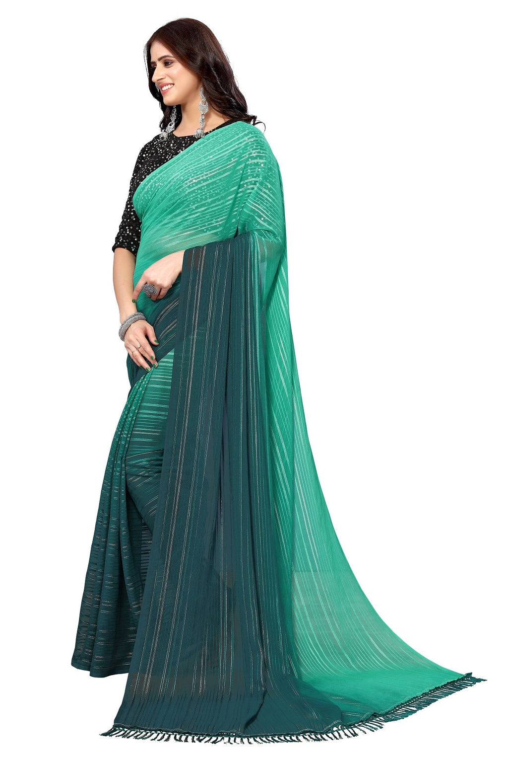 Vamika Georgette Sequence Work Green & Dark Green Bollywood Style Saree - Distacart
