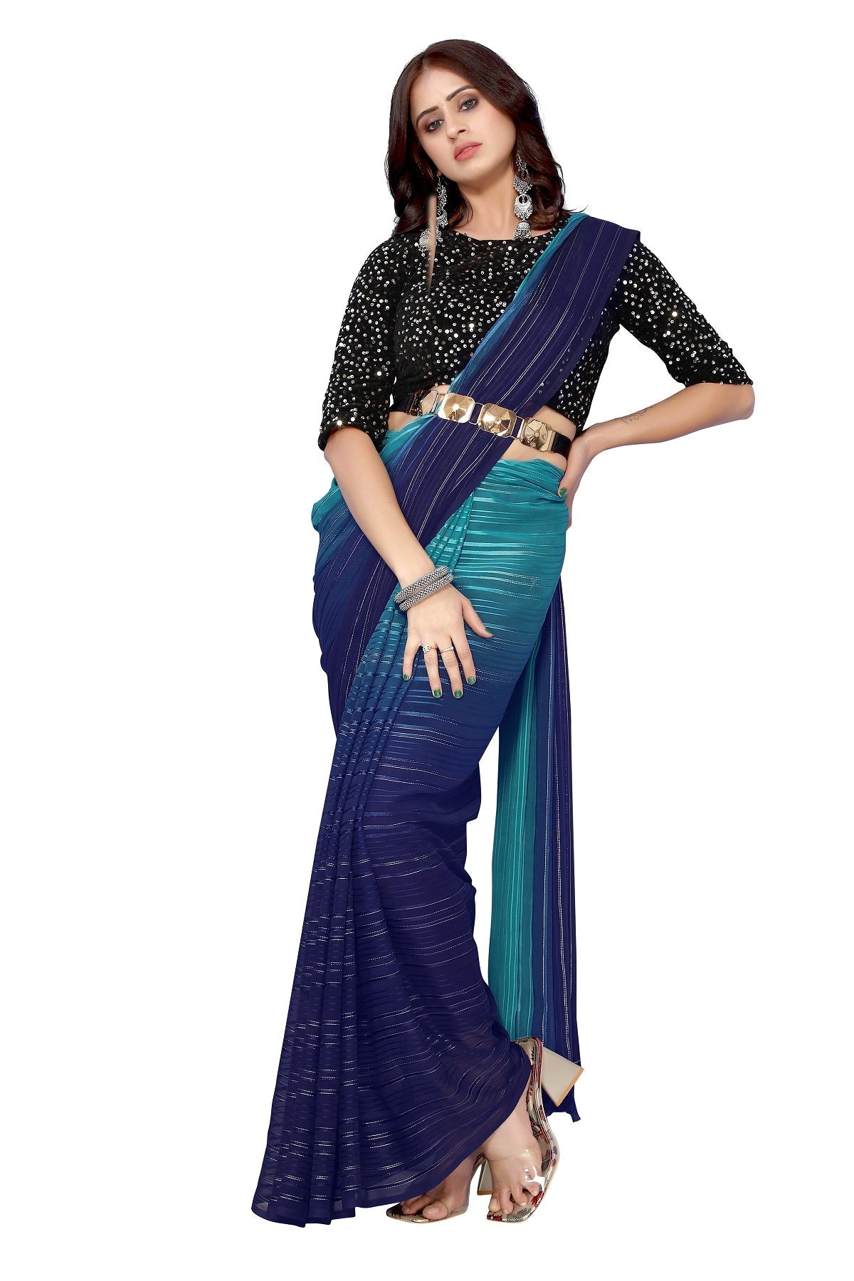Vamika Georgette Sequence Work Rama & Blue Bollywood Style Saree